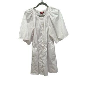 Staud White Button-Down Drawstring Waist Mini Dress With Wide Sleeves Size S